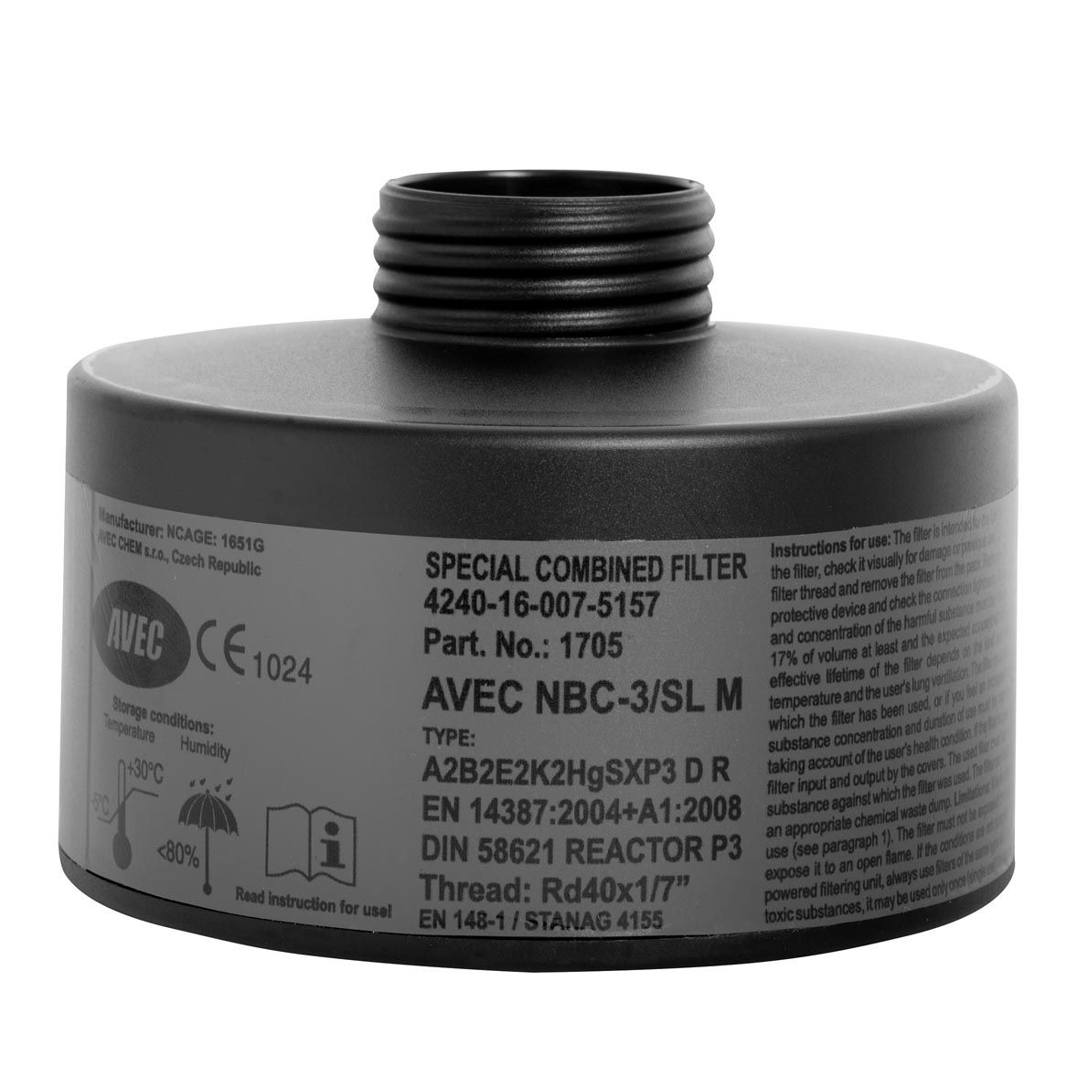 AVEC CHEM Nuklear-Filter - NBC-3/SL M REACTOR - für Atemschutz-Vollmasken - mit Rd40-Anschluss (u.a. für radioaktives Jod)